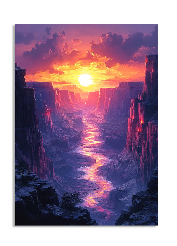 Futuristic canyon scene with a glowing river and sunset, as a premium aluminum metal print from GoMetalPrint.
