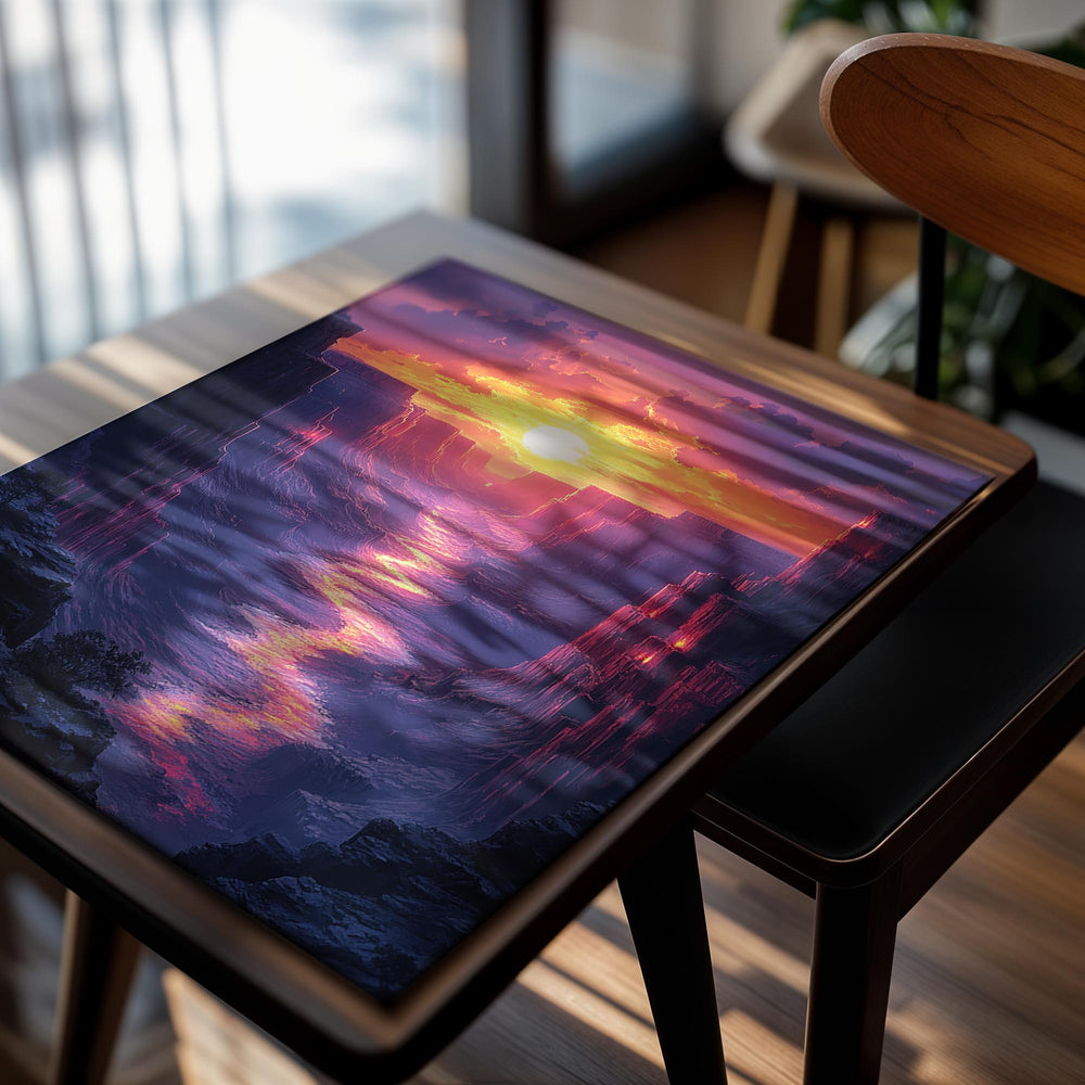 Futuristic canyon scene with a glowing river and sunset, as a premium aluminum metal print from GoMetalPrint.
