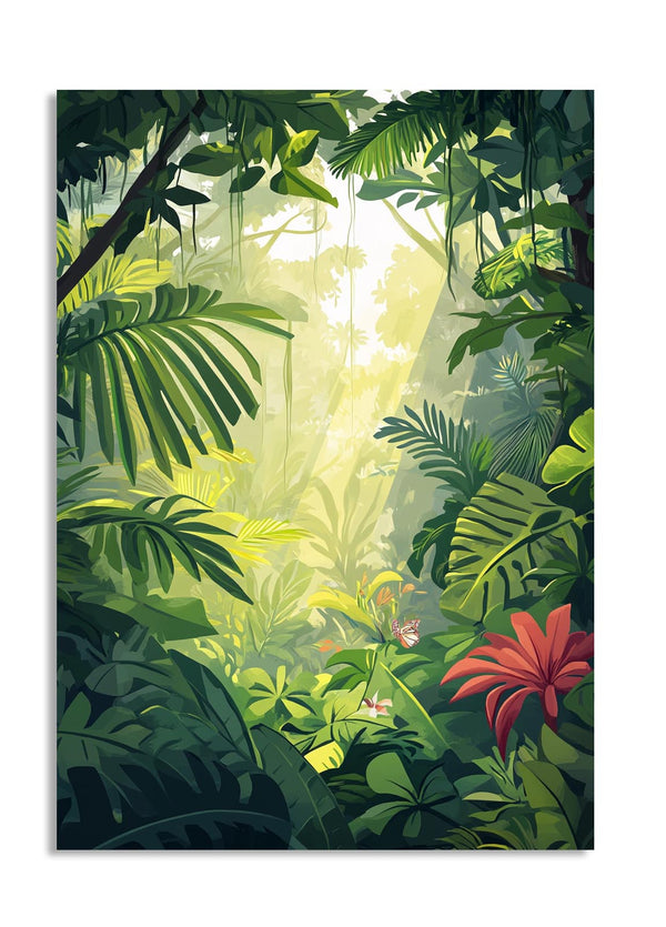 Illustration of a lush tropical forest with vibrant greenery and a red flower, as a premium aluminum metal print from GoMetalPrint.

