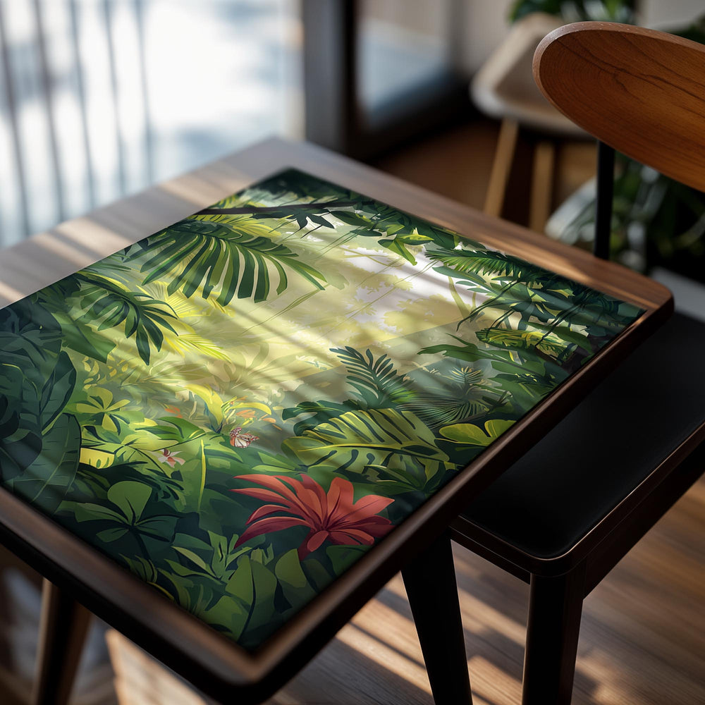 Illustration of a lush tropical forest with vibrant greenery and a red flower, as a premium aluminum metal print from GoMetalPrint.

