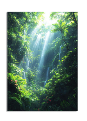 Tropical waterfall surrounded by lush greenery, as a premium aluminum metal print from GoMetalPrint.
