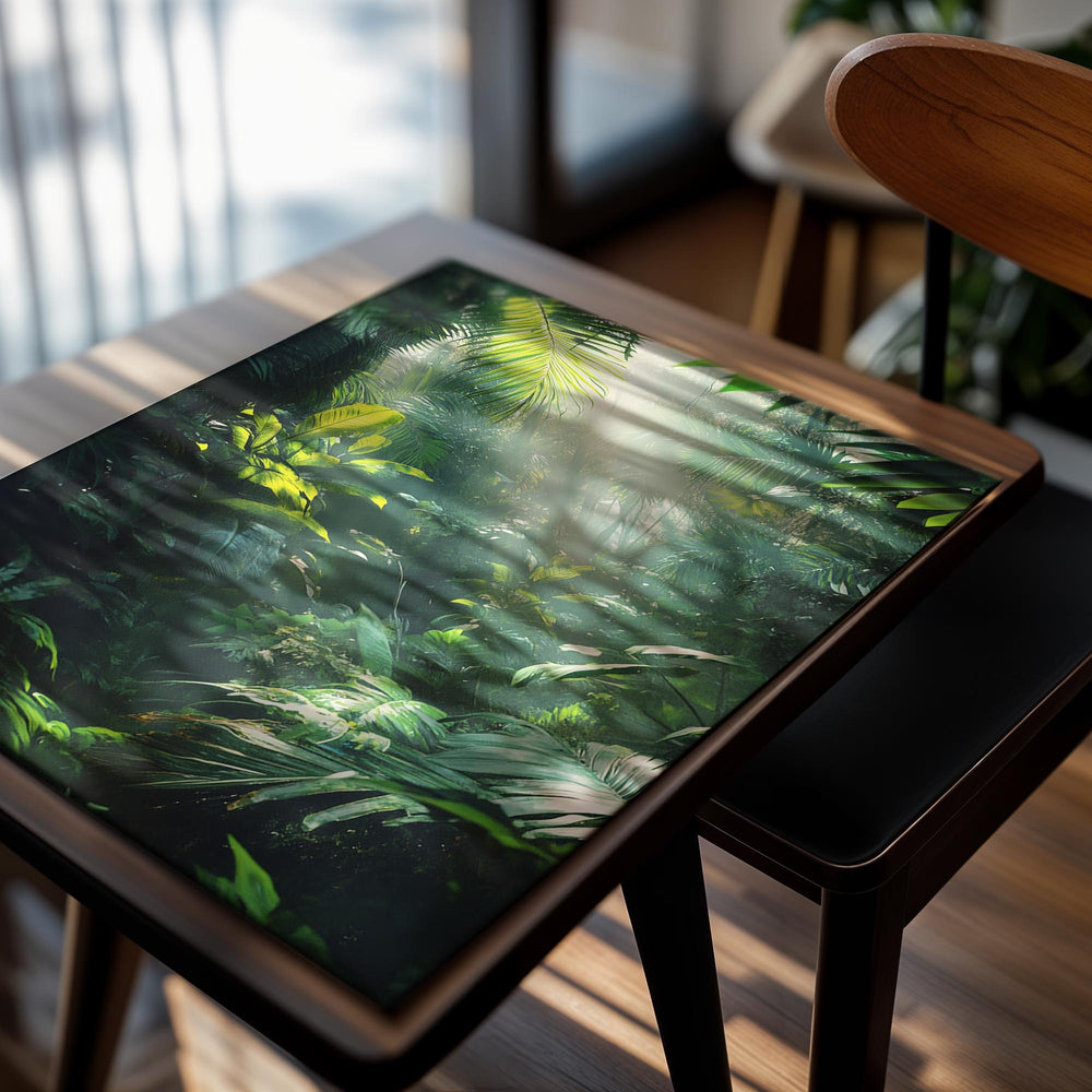 Tropical forest with sunlight filtering through the leaves, as a premium aluminum metal print from GoMetalPrint.
