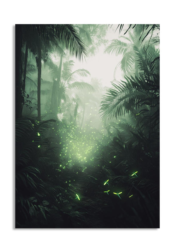 Tropical forest with glowing green lights amidst the foliage, as a premium aluminum metal print from GoMetalPrint.

