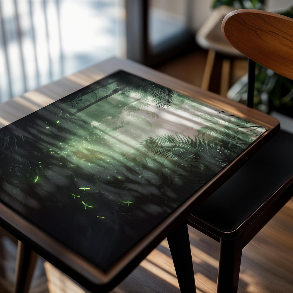 Tropical forest with glowing green lights amidst the foliage, as a premium aluminum metal print from GoMetalPrint.
