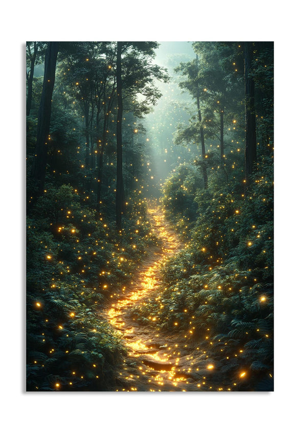 Mystical forest path with glowing lights, as a premium aluminum metal print from GoMetalPrint.
