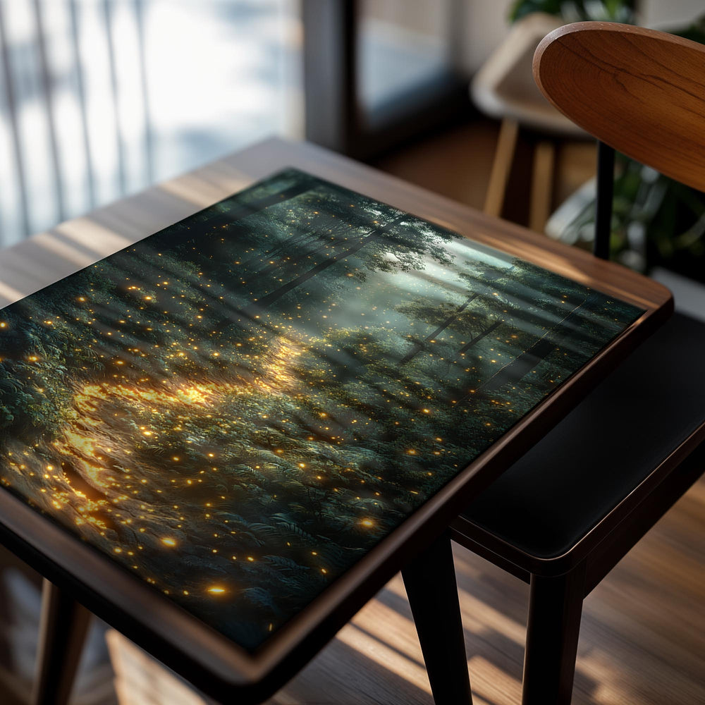 Mystical forest path with glowing lights, as a premium aluminum metal print from GoMetalPrint.
