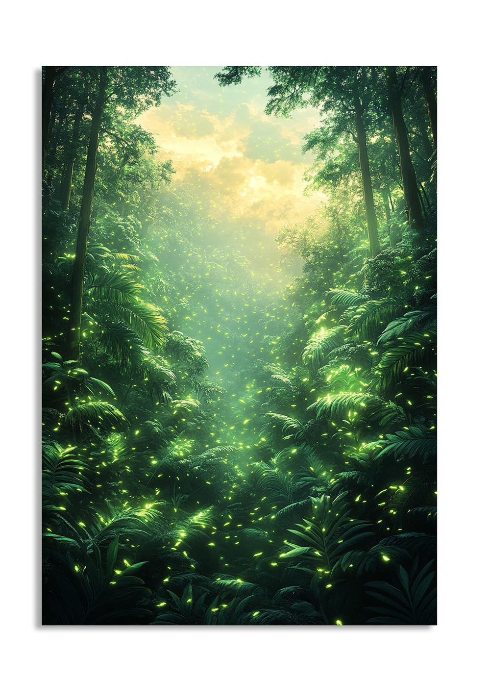Mystical forest scene with glowing green lights, as a premium aluminum metal print from GoMetalPrint.
