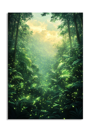 Mystical forest scene with glowing green lights, as a premium aluminum metal print from GoMetalPrint.
