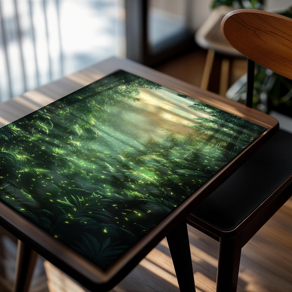 Mystical forest scene with glowing green lights, as a premium aluminum metal print from GoMetalPrint.
