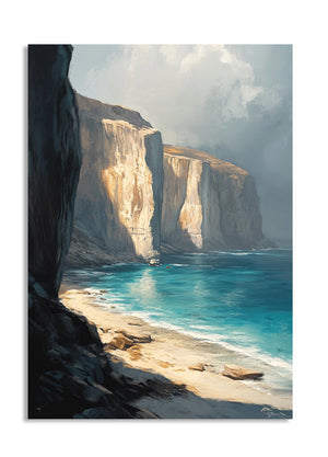 Painting of a coastal scene with cliffs and ocean, as a premium aluminum metal print from GoMetalPrint.
