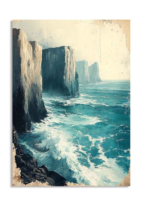 Vintage-style painting of a dramatic coastal scene with cliffs and crashing waves, as a premium aluminum metal print from GoMetalPrint.
