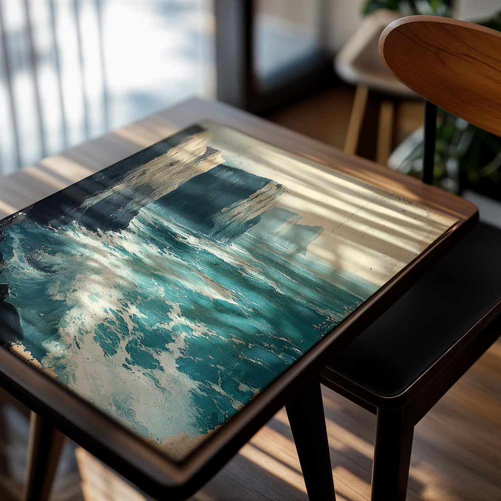 Vintage-style painting of a dramatic coastal scene with cliffs and crashing waves, as a premium aluminum metal print from GoMetalPrint.
