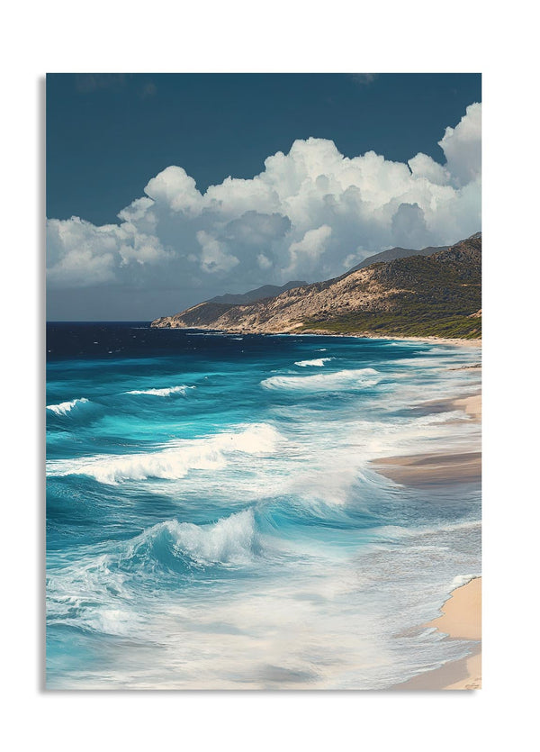 Coastal scene with blue ocean waves crashing onto a sandy beach, mountains in the background, as a premium aluminum metal print from GoMetalPrint.
