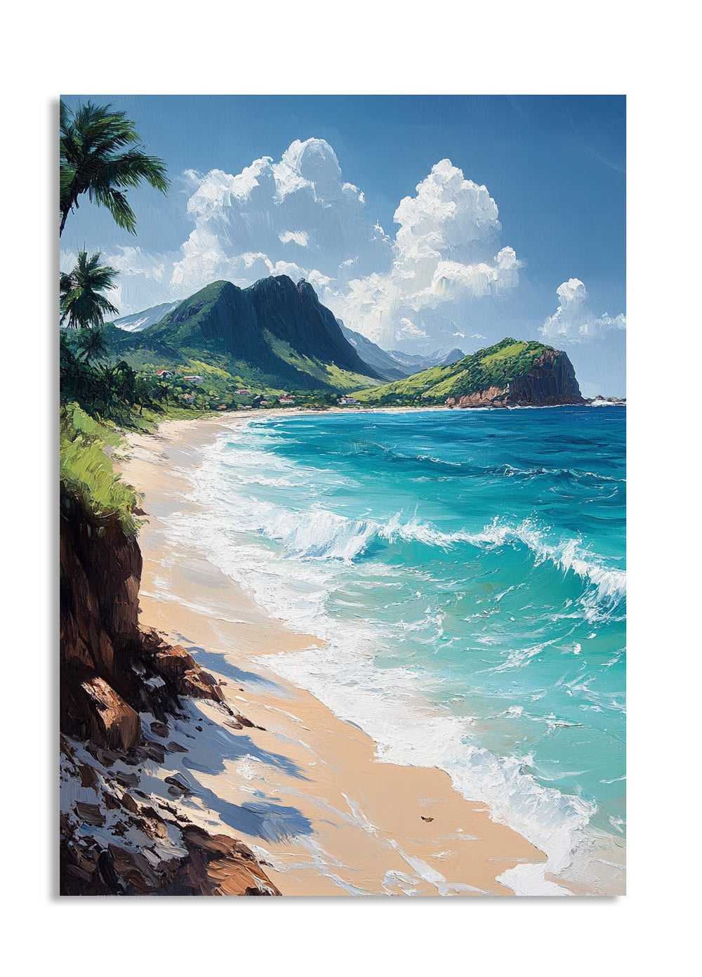 Beach scene with turquoise water, white waves, and green mountains under a blue sky, as a premium aluminum metal print from GoMetalPrint.
