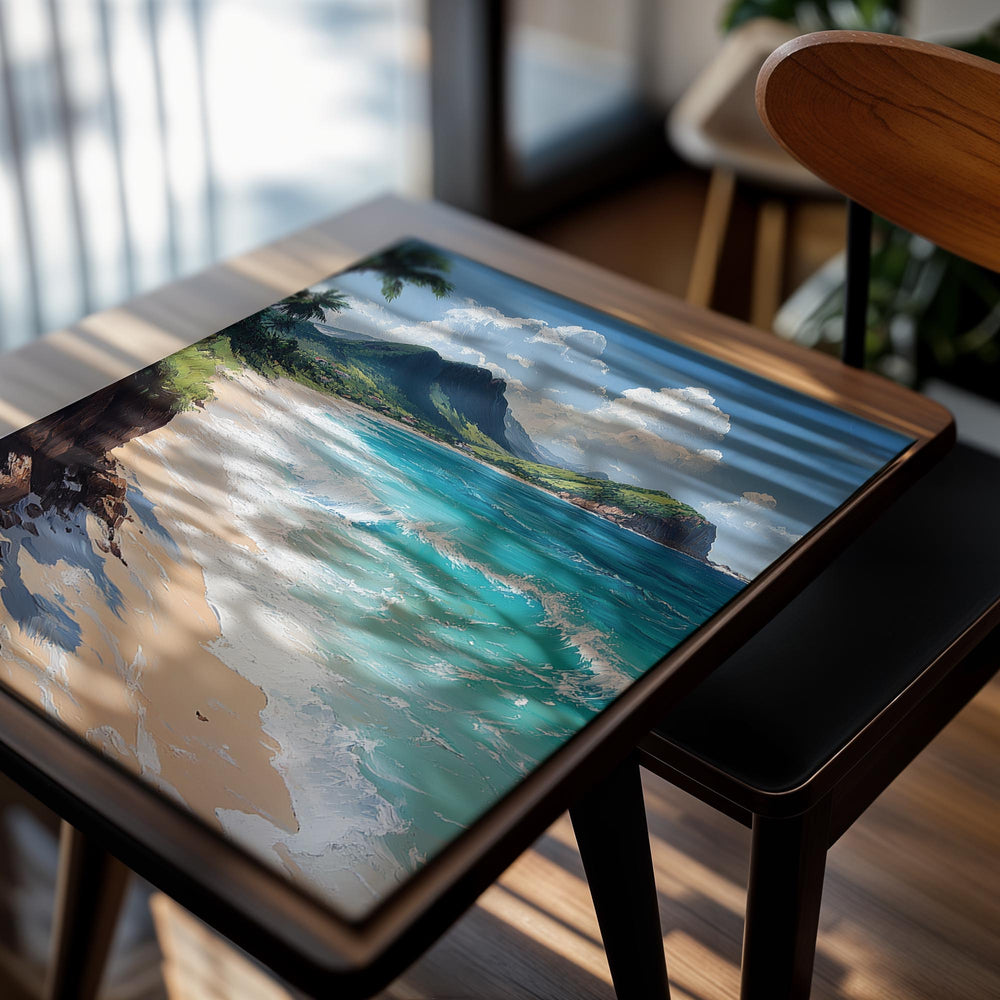 Beach scene with turquoise water, white waves, and green mountains under a blue sky, as a premium aluminum metal print from GoMetalPrint.
