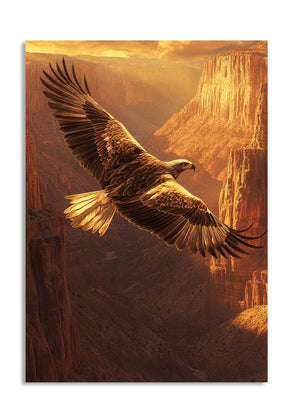 A majestic golden eagle soars through a dramatic canyon, as a premium aluminum metal print from GoMetalPrint.

