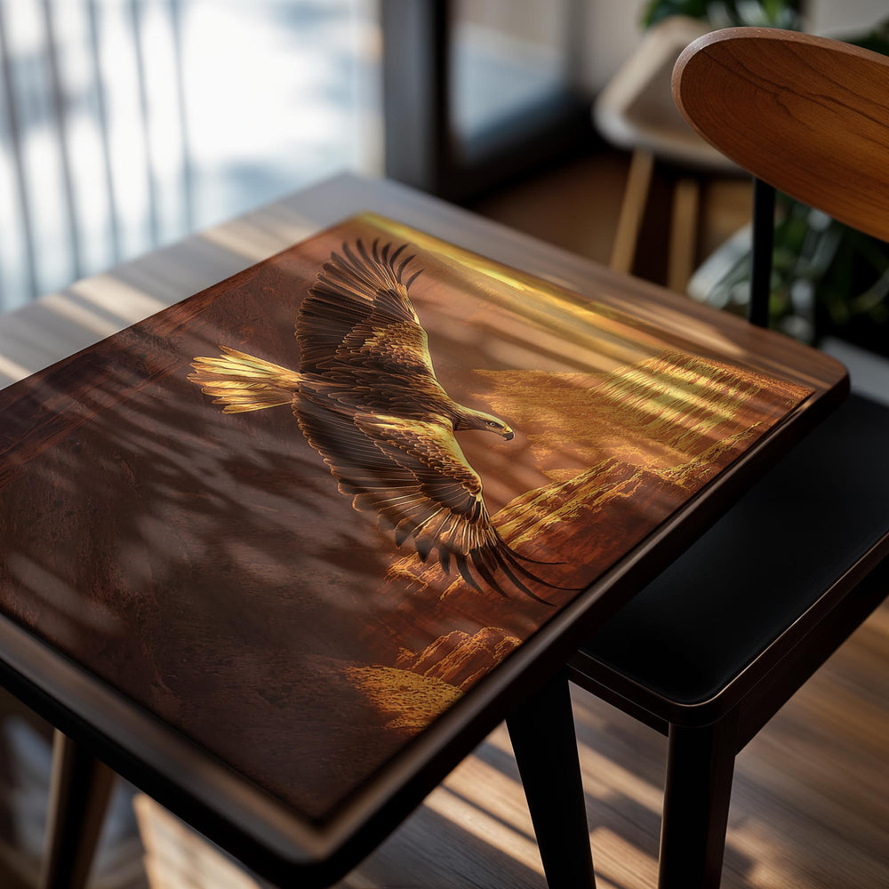 A majestic golden eagle soars through a dramatic canyon, as a premium aluminum metal print from GoMetalPrint.
