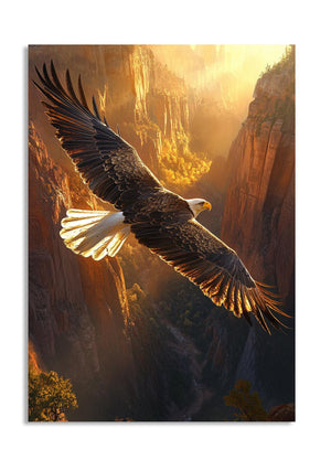 Eagle flying over a canyon with a sunset background, as a premium aluminum metal print from GoMetalPrint.

