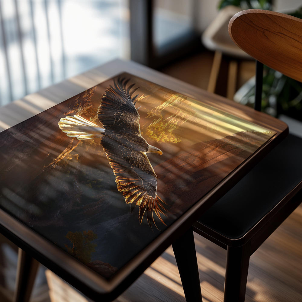Eagle flying over a canyon with a sunset background, as a premium aluminum metal print from GoMetalPrint.
