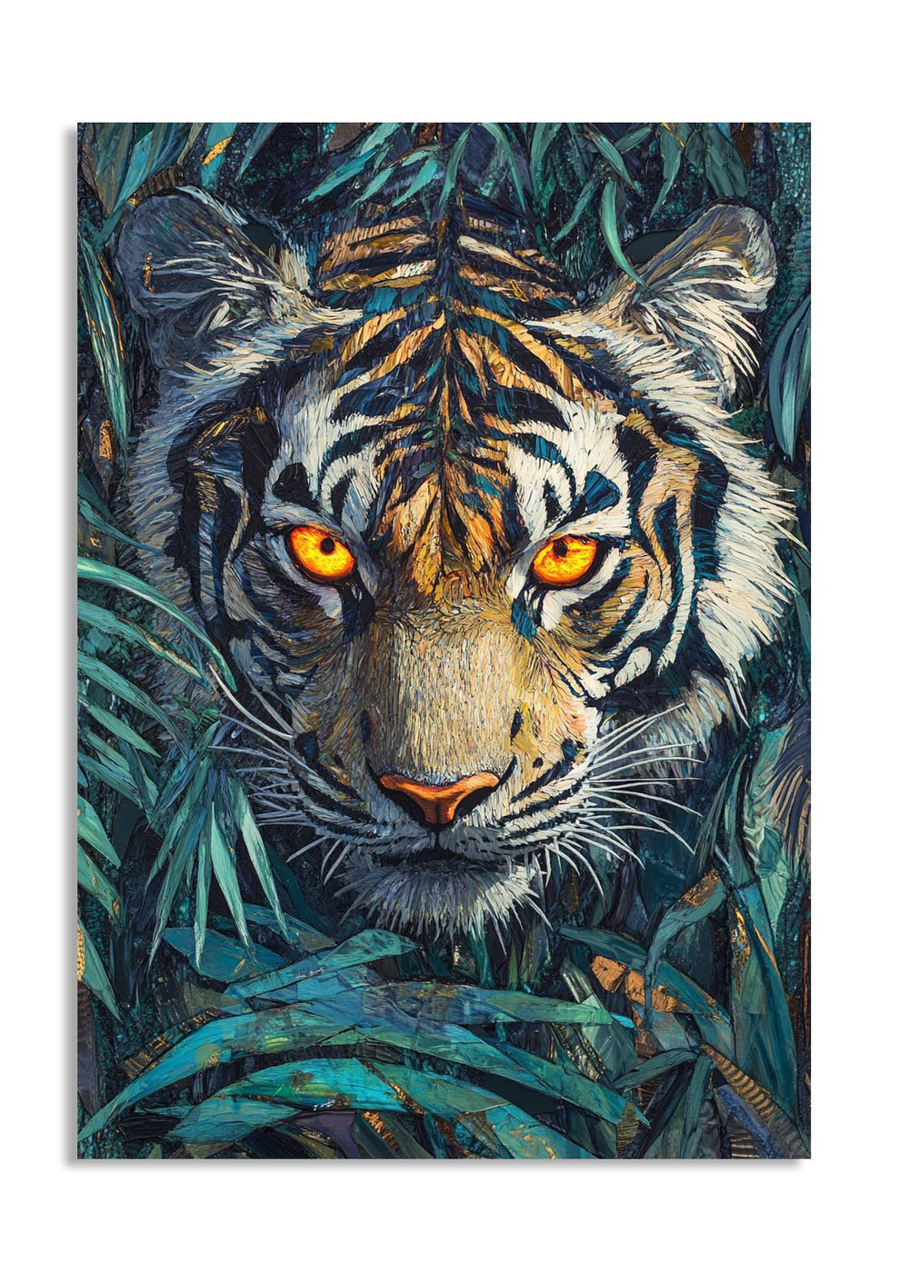 Artistic depiction of a tiger surrounded by foliage, as a premium aluminum metal print from GoMetalPrint.
