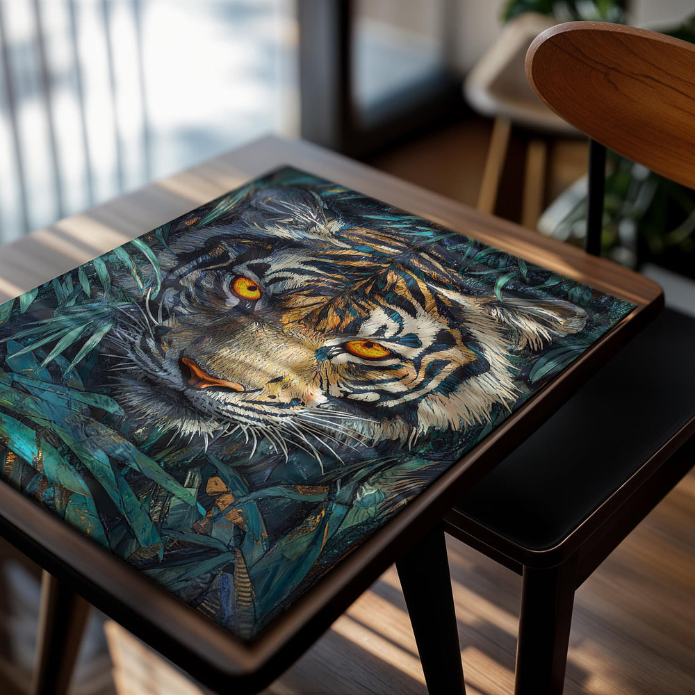 Artistic depiction of a tiger surrounded by foliage, as a premium aluminum metal print from GoMetalPrint.
