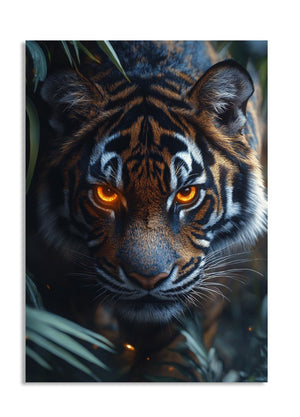 Close-up of a tiger's face with a dark background, as a premium aluminum metal print from GoMetalPrint.
