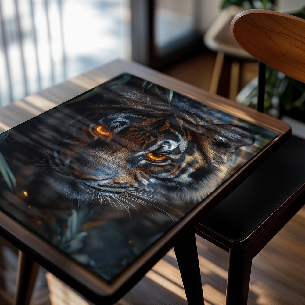 Close-up of a tiger's face with a dark background, as a premium aluminum metal print from GoMetalPrint.
