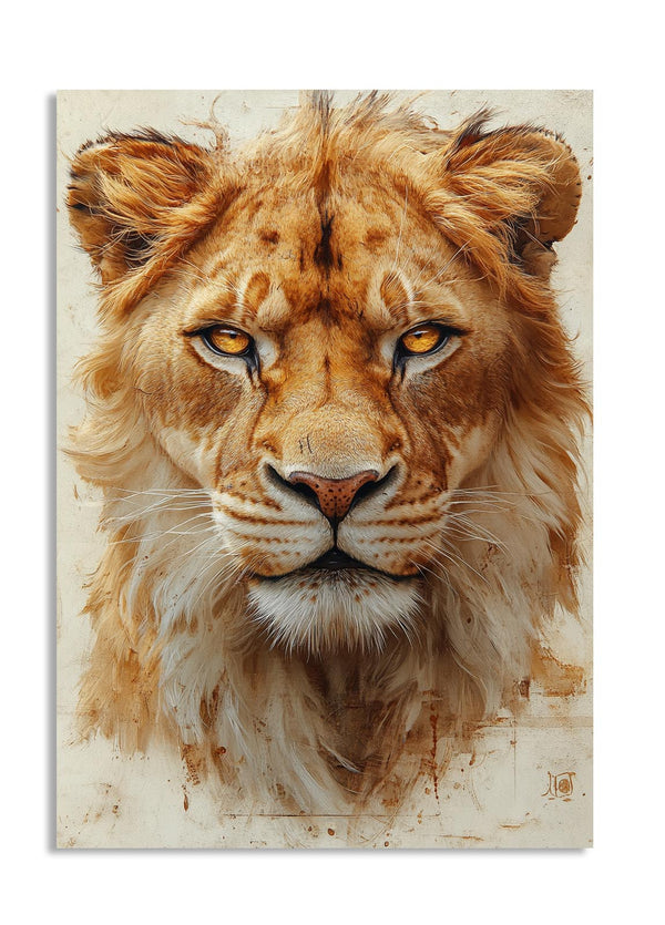 Close-up painting of a lion's face with a neutral background, as a premium aluminum metal print from GoMetalPrint.
