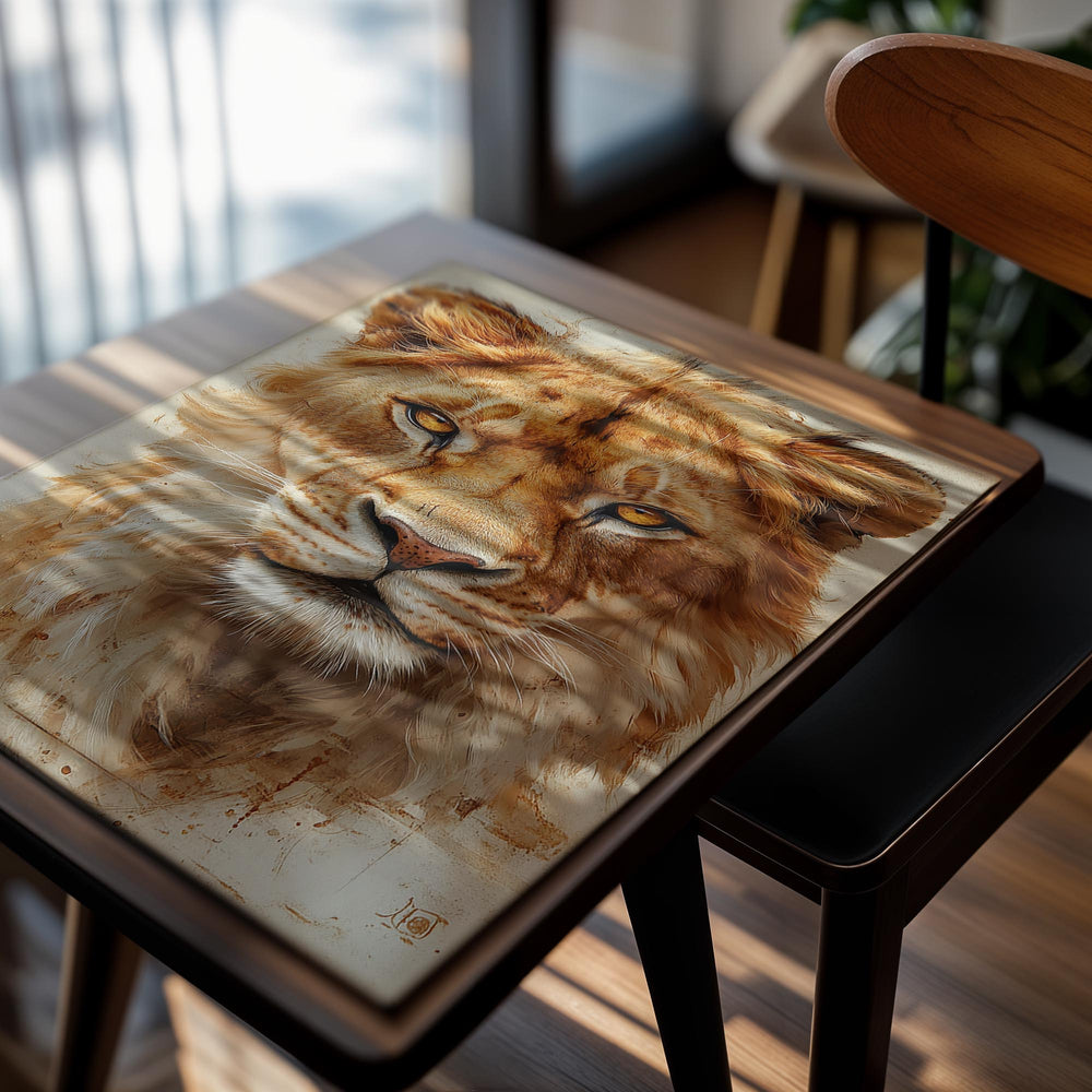 Close-up painting of a lion's face with a neutral background, as a premium aluminum metal print from GoMetalPrint.
