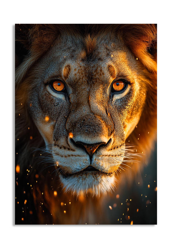 Close-up of a lion's face with a warm color palette, as a premium aluminum metal print from GoMetalPrint.
