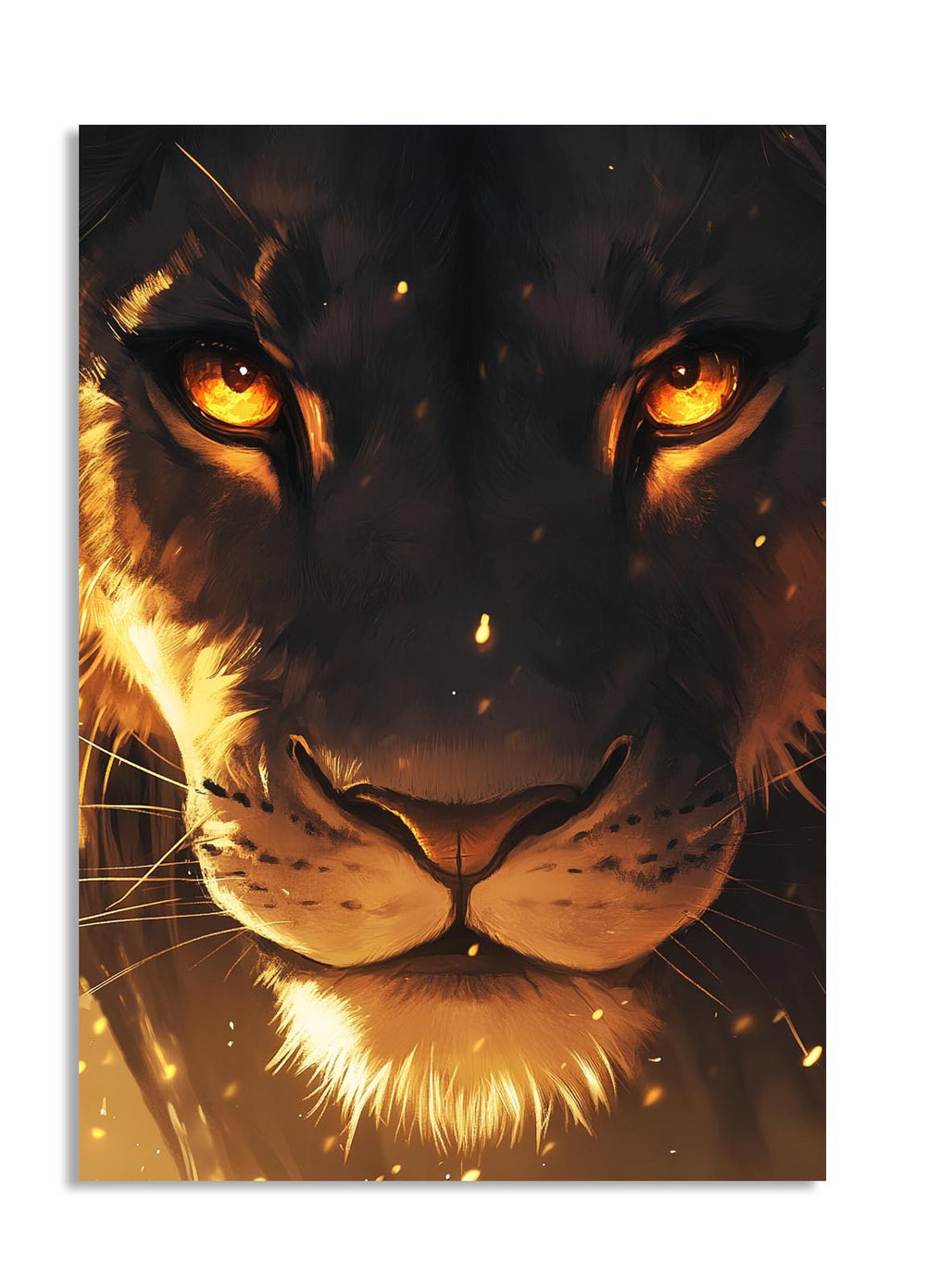 Close-up of a tiger's face with glowing eyes on a dark background, as a premium aluminum metal print from GoMetalPrint.

