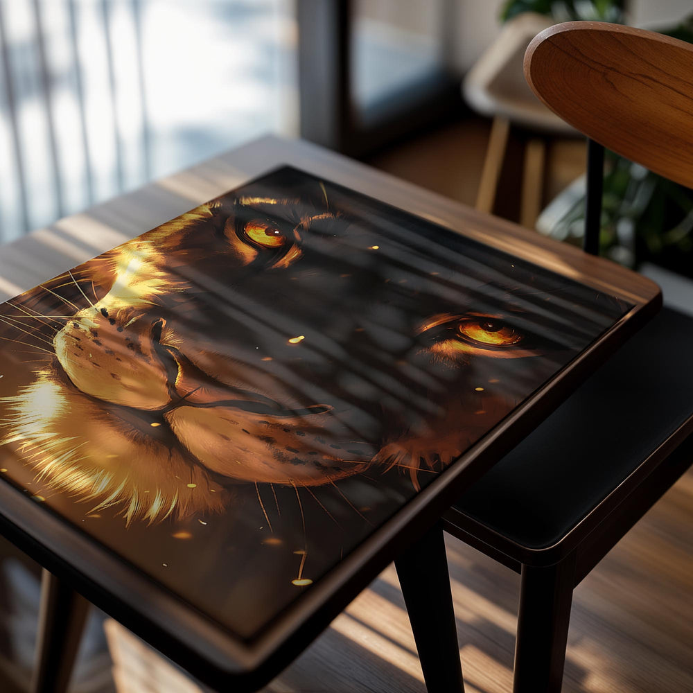Close-up of a tiger's face with glowing eyes on a dark background, as a premium aluminum metal print from GoMetalPrint.
