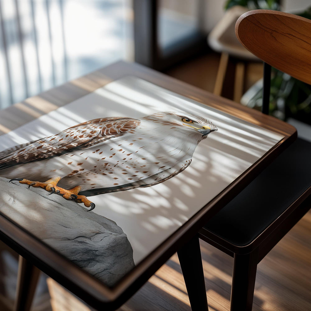 Hawk perched on a rock with a white background, as a premium aluminum metal print from GoMetalPrint.
