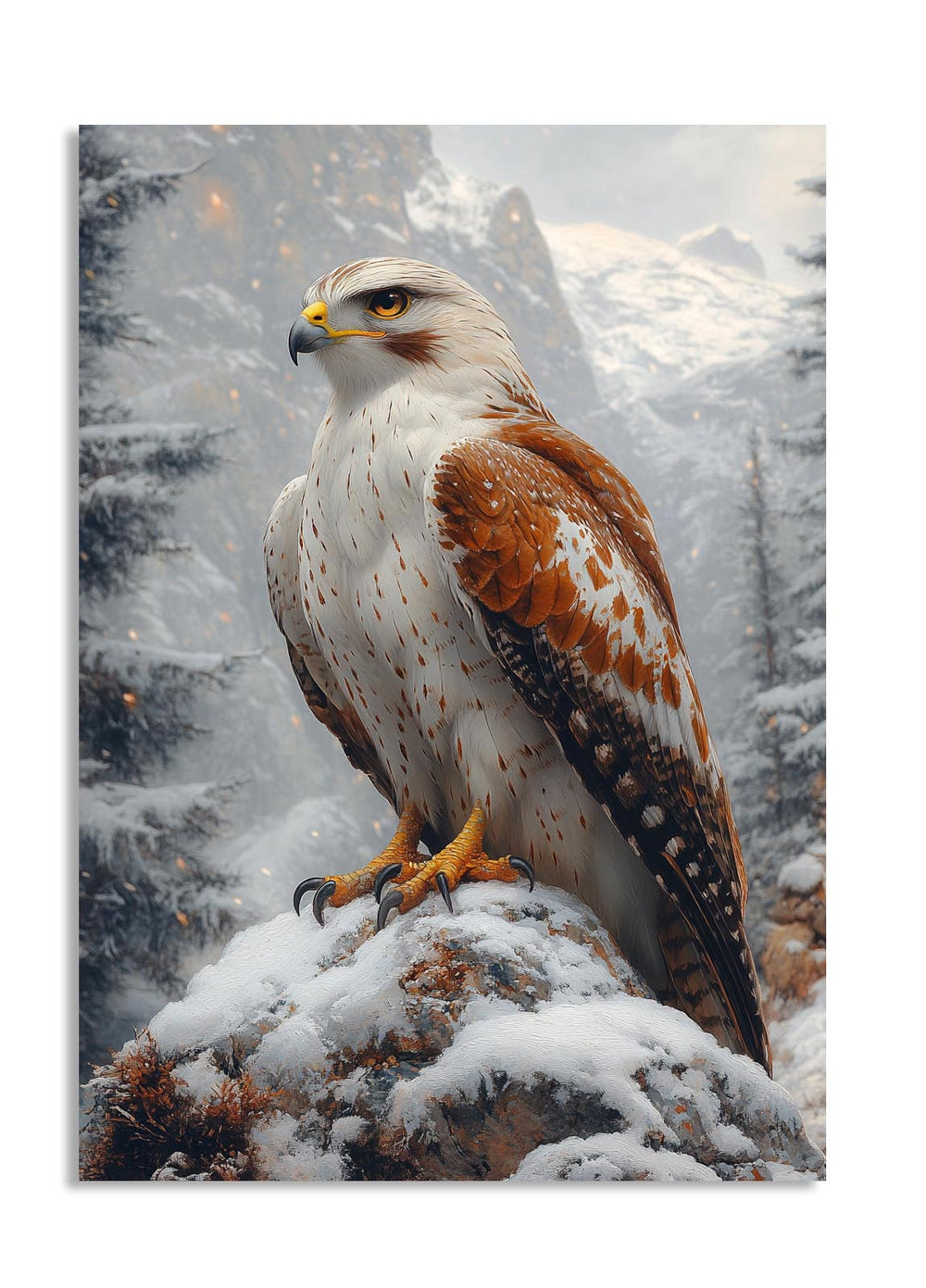 Eagle perched on a snowy branch with a mountainous background, as a premium aluminum metal print from GoMetalPrint.
