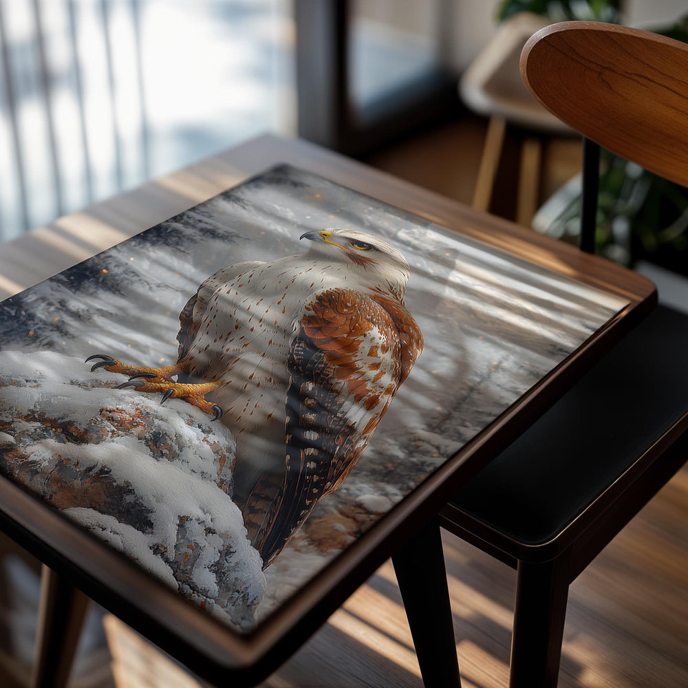 Eagle perched on a snowy branch with a mountainous background, as a premium aluminum metal print from GoMetalPrint.
