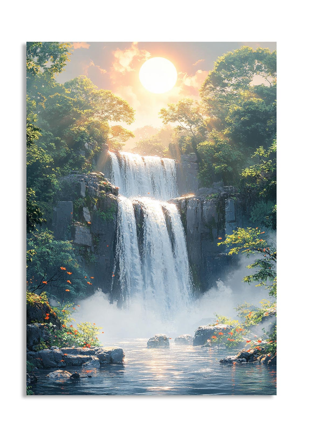 Waterfall in a lush forest with sunlight filtering through the trees, as a premium aluminum metal print from GoMetalPrint.
