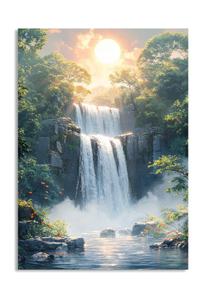 Waterfall in a lush forest with sunlight filtering through the trees, as a premium aluminum metal print from GoMetalPrint.
