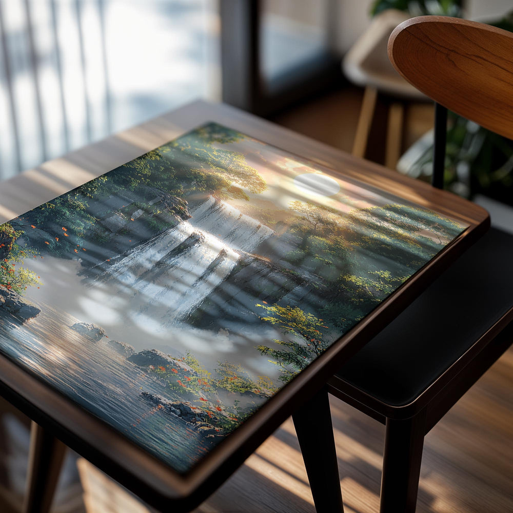 Waterfall in a lush forest with sunlight filtering through the trees, as a premium aluminum metal print from GoMetalPrint.
