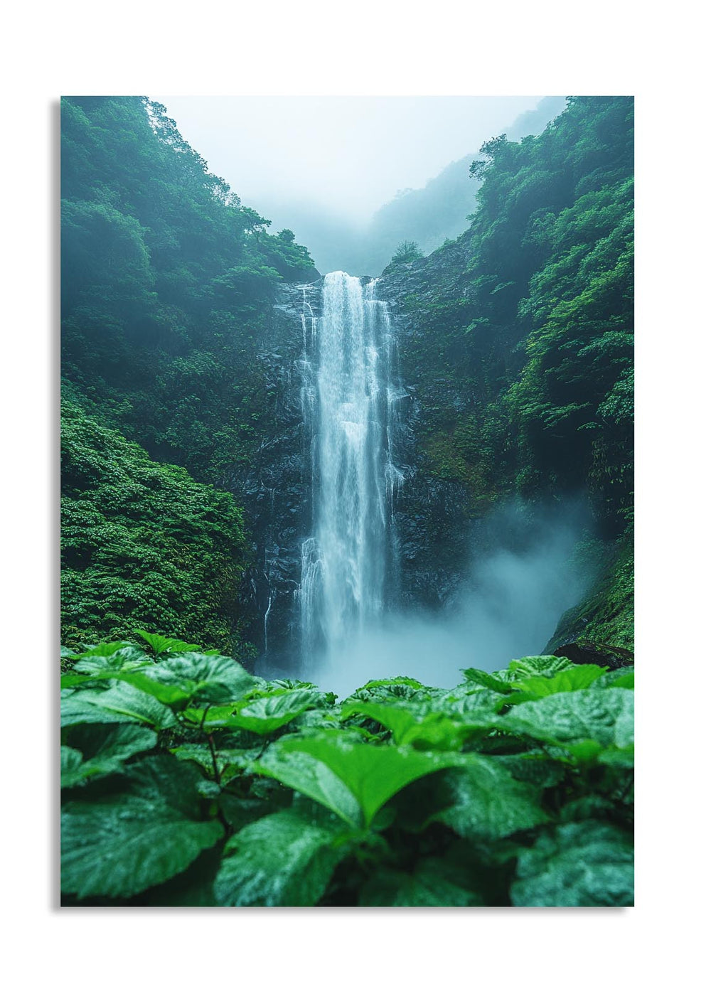 Waterfall surrounded by lush greenery in a forest, as a premium aluminum metal print from GoMetalPrint.
