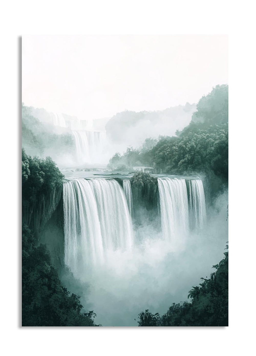 Waterfall in a forest with misty atmosphere, as a premium aluminum metal print from GoMetalPrint.
