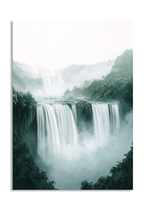 Waterfall in a forest with misty atmosphere, as a premium aluminum metal print from GoMetalPrint.
