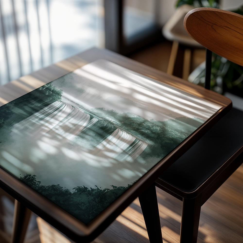 Waterfall in a forest with misty atmosphere, as a premium aluminum metal print from GoMetalPrint.
