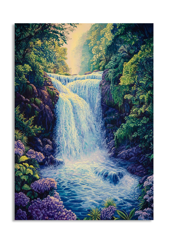 Watercolor painting of a waterfall in a lush forest with purple flowers, as a premium aluminum metal print from GoMetalPrint.
