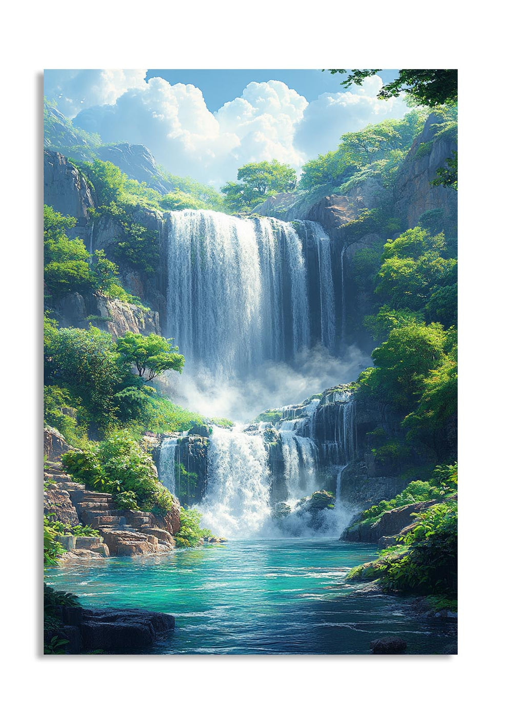 Scenic view of a waterfall in a lush green forest, as a premium aluminum metal print from GoMetalPrint.
