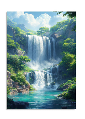 Scenic view of a waterfall in a lush green forest, as a premium aluminum metal print from GoMetalPrint.
