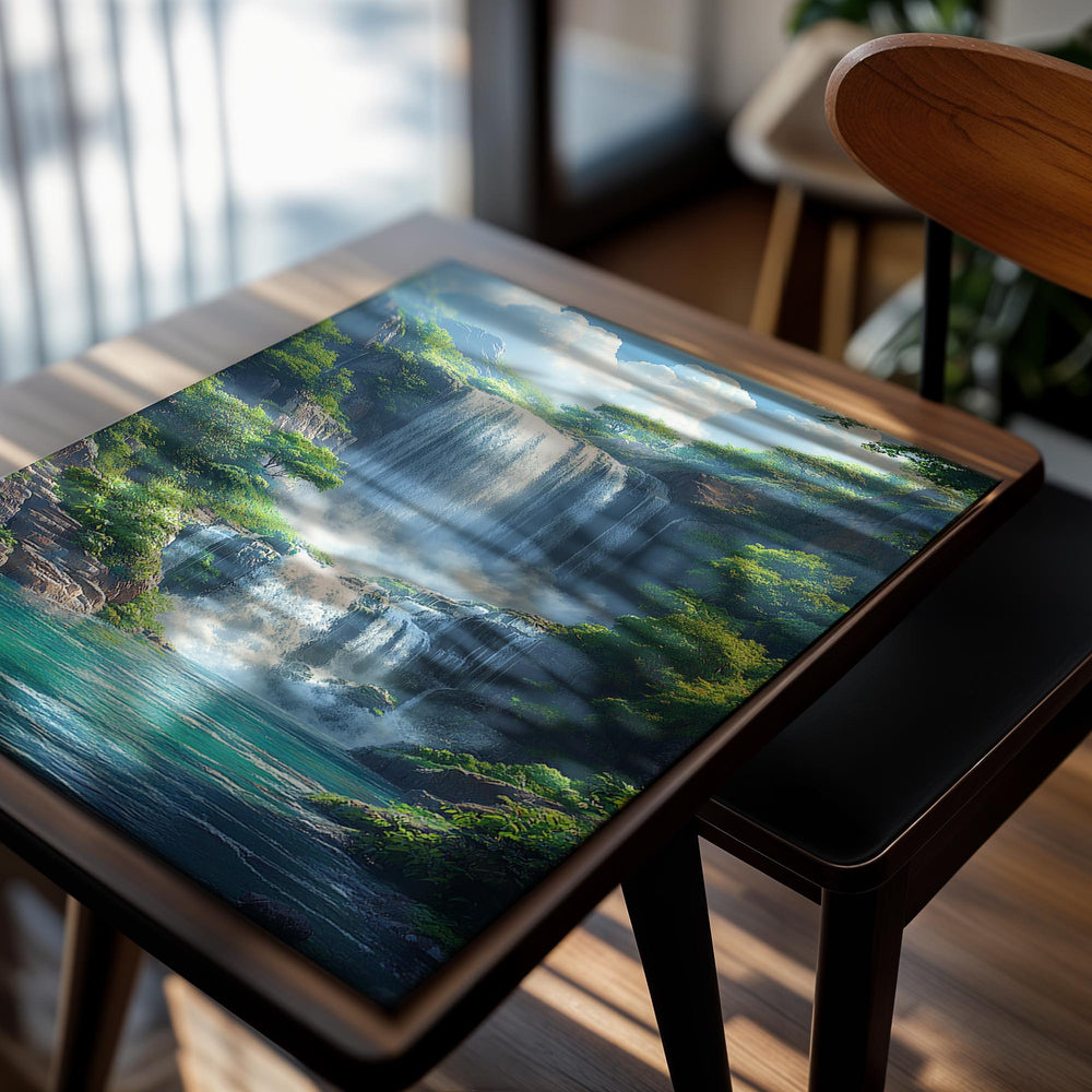 Scenic view of a waterfall in a lush green forest, as a premium aluminum metal print from GoMetalPrint.
