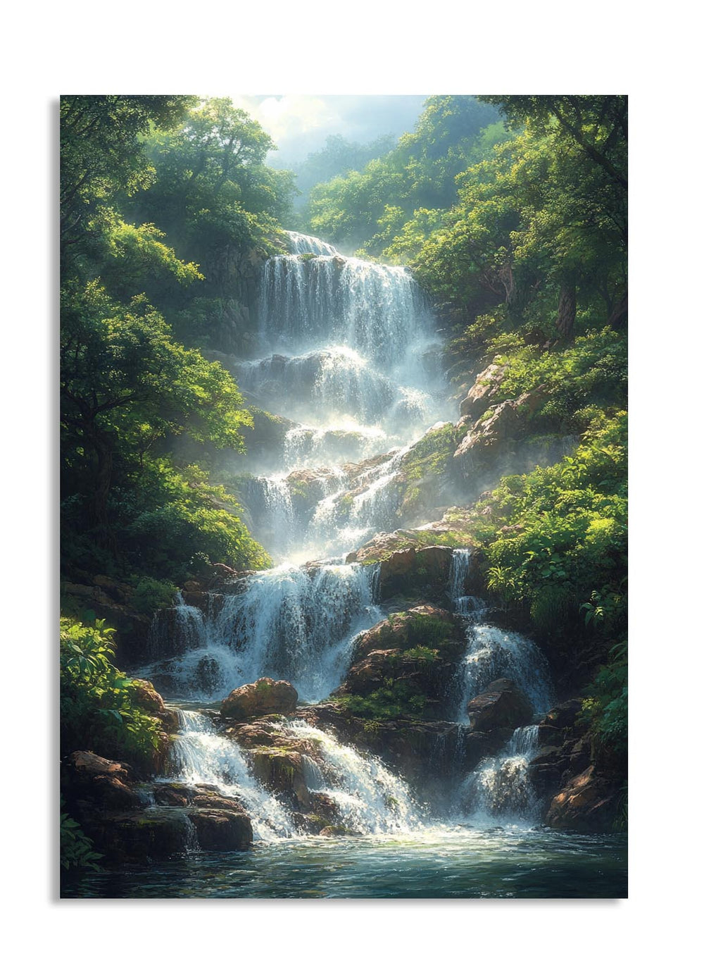 Waterfall in a lush green forest, as a premium aluminum metal print from GoMetalPrint.
