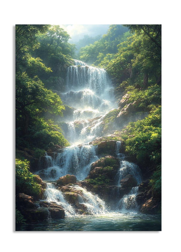 Waterfall in a lush green forest, as a premium aluminum metal print from GoMetalPrint.
