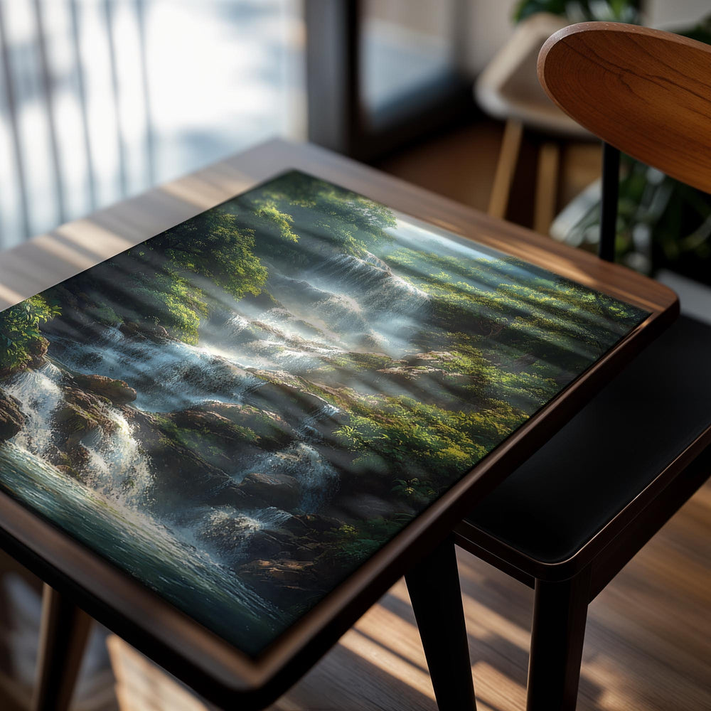 Waterfall in a lush green forest, as a premium aluminum metal print from GoMetalPrint.
