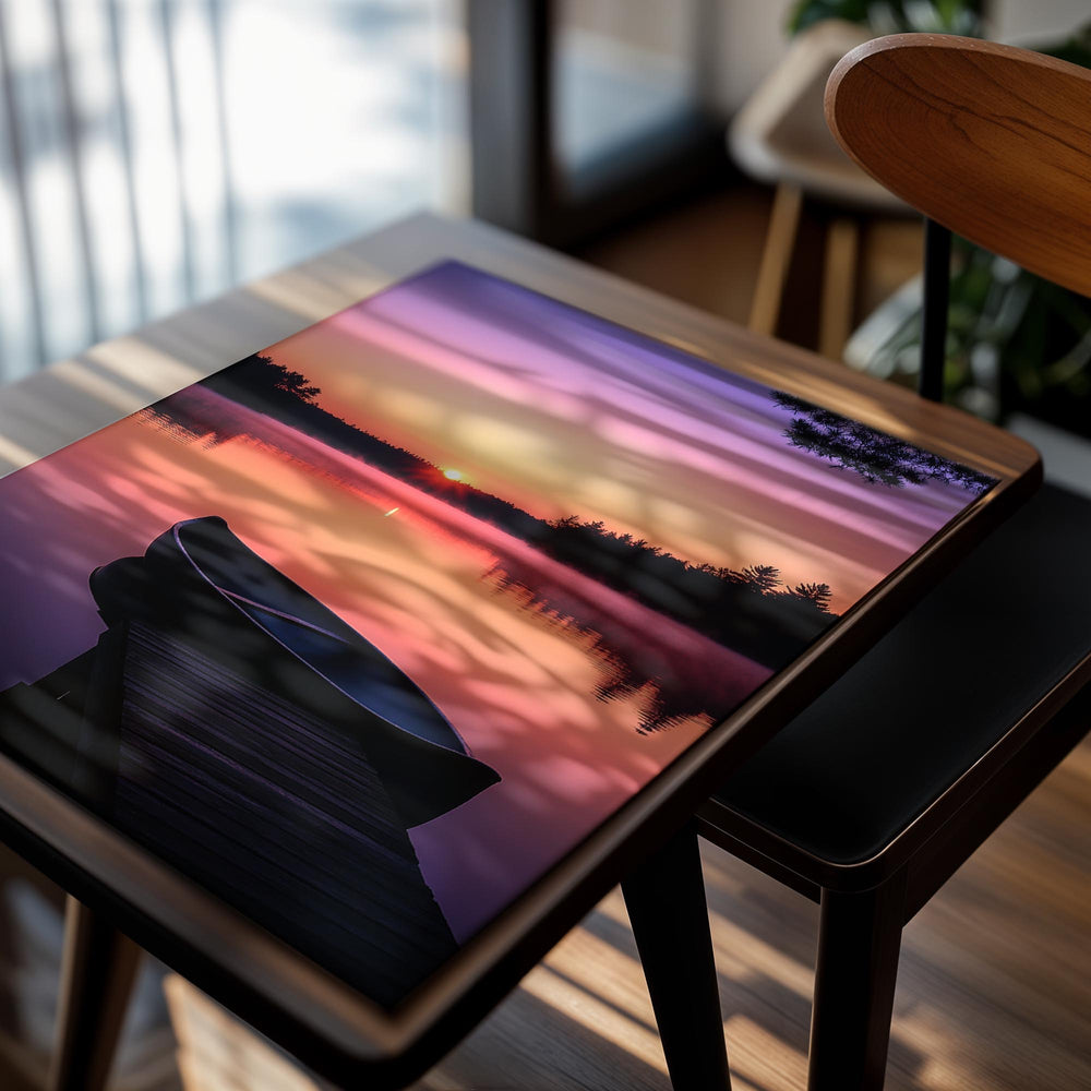 Canoe on a dock at sunset with a purple and pink sky over water, as a premium aluminum metal print from GoMetalPrint.
